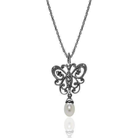 Marcasite Butterfly Pendant with Marcasite and Pearl