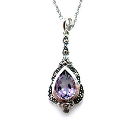 Marcasite and Amethyst Teardrop Pendant - Antique Design with Chain - P320AMF