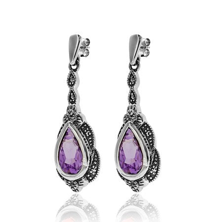 Antiqued Amethyst Teardrop and Marcasite Earrings - Sterling Silver