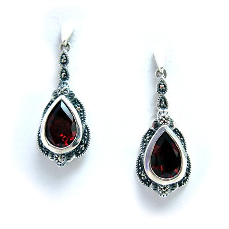 Antiqued Garnet Teardrop and Marcasite Earrings - Sterling Silver