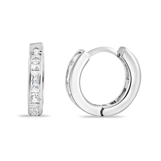 Sterling Silver Huggies with Princess-cut and Baguette Cubic Zirconias