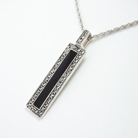 Sterling Silver Black Enamel Rectangle and Marcasite Pendant with Chain