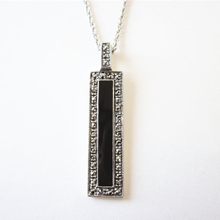 Sterling Silver Black Enamel Rectangle and Marcasite Pendant with Chain