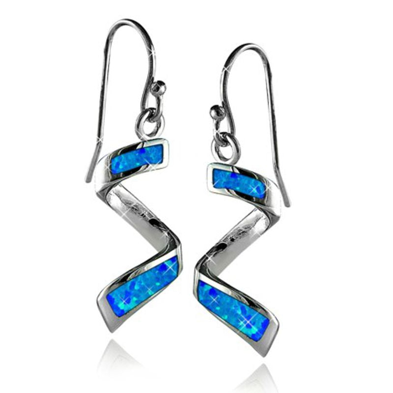 Sterling Silver Corkscrew Dangle Earrings with Opal Inlay - OE-2008