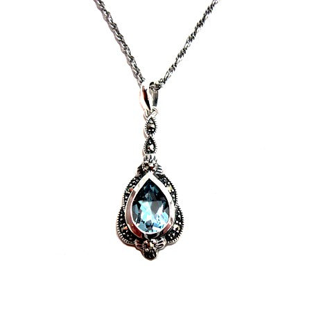 Marcasite and Teardrop Blue Topaz Pendant - Antique Design with Chain - P320BTF