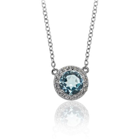 Blue Topaz and Cubic Zirconia Halo Necklace - Sterling Silver Pendant & Chain