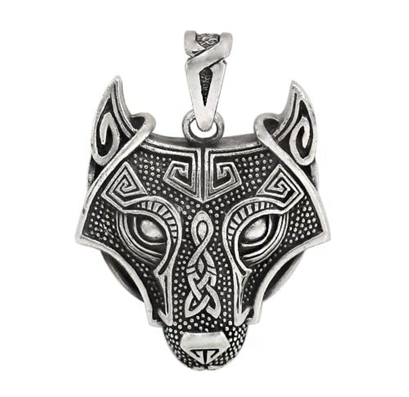 Sterling Silver Celtic Pendant - Viking or Norse Wolf Head with Detail Symbols