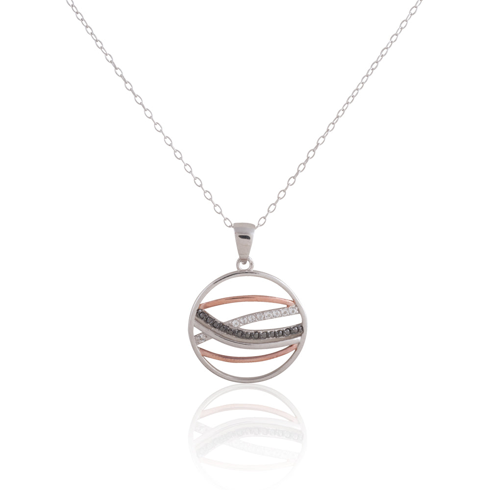 Sterling Silver Waves in Circle - Rose Gold plating with White Topaz & Black Cubics