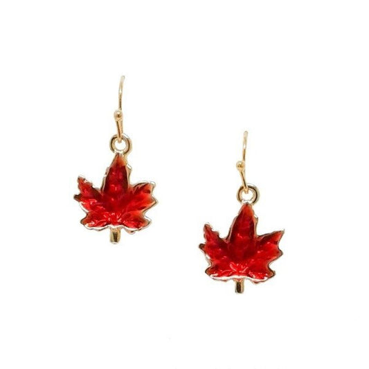 Maple Leaf Gold-plated and Red Resin Dangle Earrings - E1132