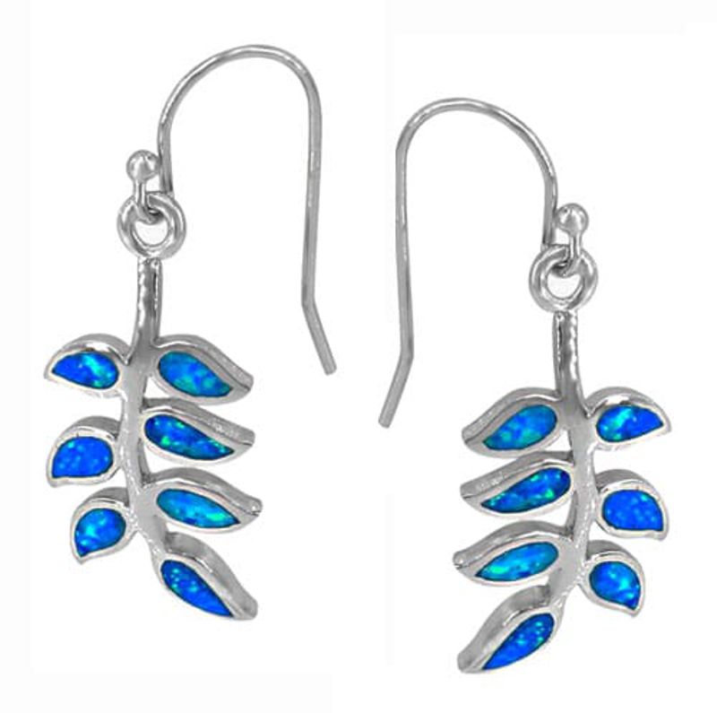 Sterling Silver Blue Opal Leaf Branch Earrings with Hooks