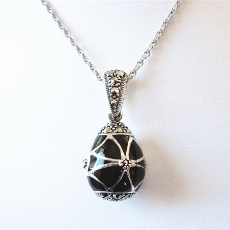 Sterling Silver Black Enamel 'EGG' and Marcasite Pendant with Chain