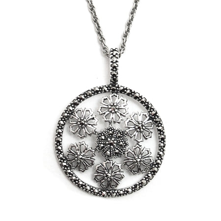 Marcasite Flowers in Circle Pendant with Chain - Sterling Silver - 01P429MC