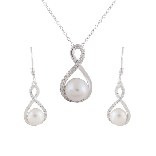 White Pearl and Cubic Zirconia Infinity Design in Sterling Silver - SET (or buy separately)