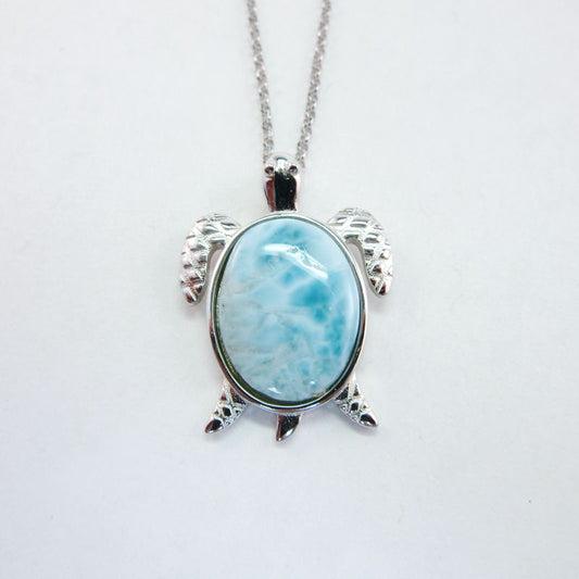 Sterling Silver Blue Larimar Turtle Pendant with 18" Chain