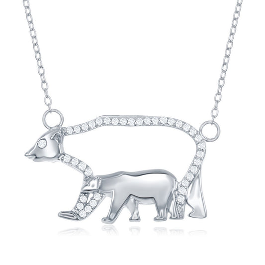 Sterling Silver Polar Bear Mama and Baby CZ Necklace with Chain