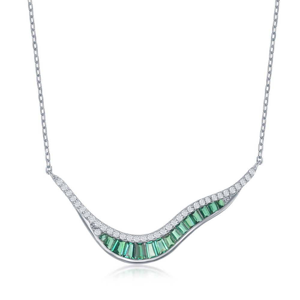 Modern Wavy Bar Necklace with Baguettes and Clear Cubic Zirconias - Sterling Silver