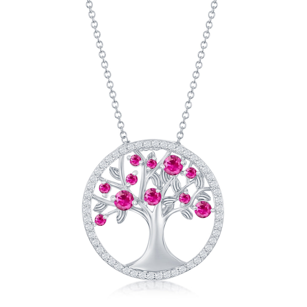 Sterling Silver Tree of Life Pendant with Lab-created Rubies and Cubic Zirconia Halo