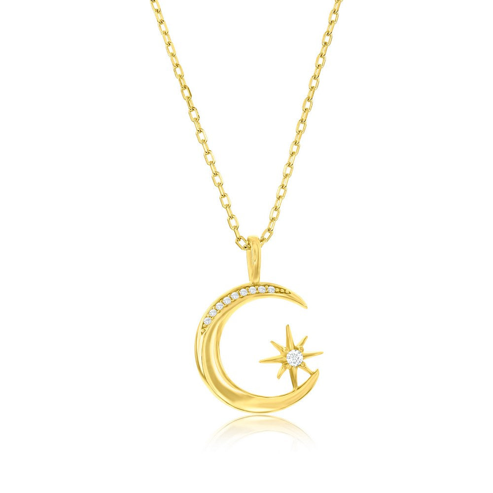 Sterling Silver Crescent Moon and Star CZ Necklace with Chain