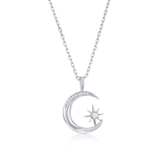 Sterling Silver Crescent Moon and Star CZ Necklace with Chain