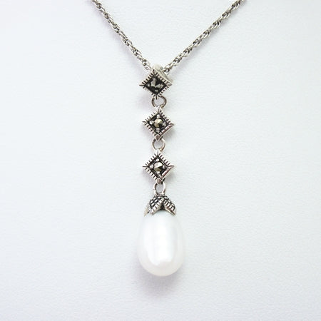 Marcasite and White Freshwater Pearl Pendant with Chain - N287CFP