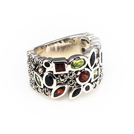 Marcasite Multi-gemstone Ring - Darker (Garnet, Peridot, Marcasite and Black Spinel) - R267