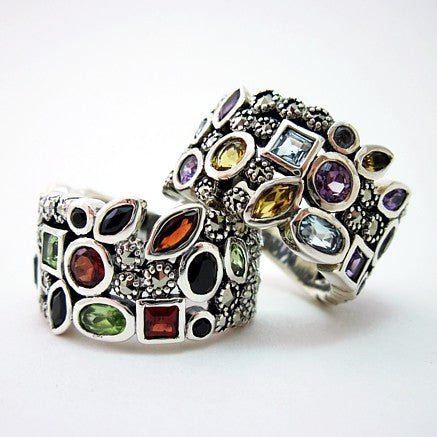 Marcasite Multi-gemstone Ring - Darker (Garnet, Peridot, Marcasite and Black Spinel) - R267