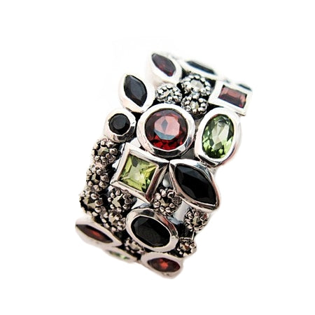 Marcasite Multi-gemstone Ring - Darker (Garnet, Peridot, Marcasite and Black Spinel) - R267