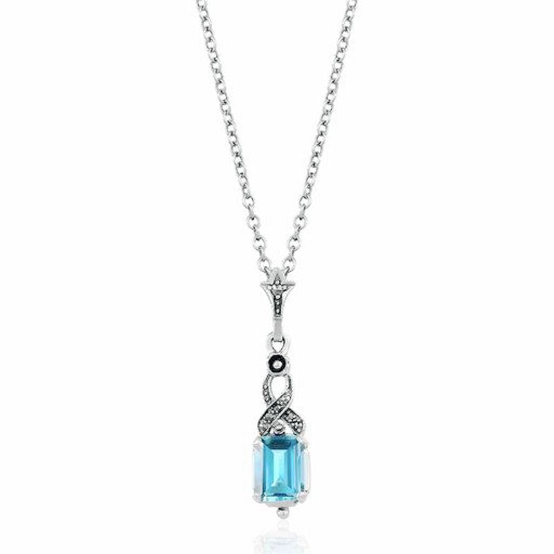 Blue Topaz and Marcasite Sterling Silver Pendant with Chain