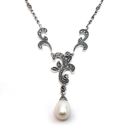 Marcasite and White Freshwater Pearl Scroll Y-Necklace - Victorian style - N511CFP