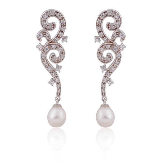 Fancy Pearl and Cubic Zirconia Dangle Earrings in Sterling Silver - RE-131