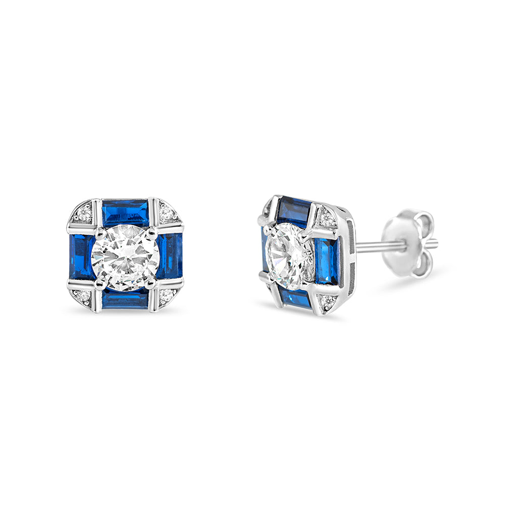 Baguette Square Stud Earrings with Coloured Cubic Zirconias - Sterling Silver - RE-2340