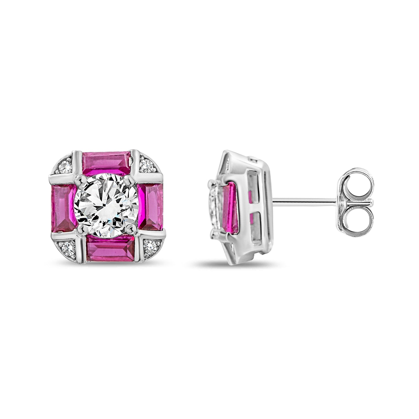 Baguette Square Stud Earrings with Coloured Cubic Zirconias - Sterling Silver - RE-2340