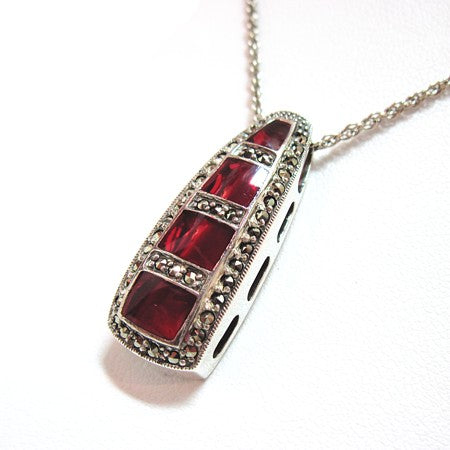 Red Enamel 4-Window Marcasite Pendant with Chain