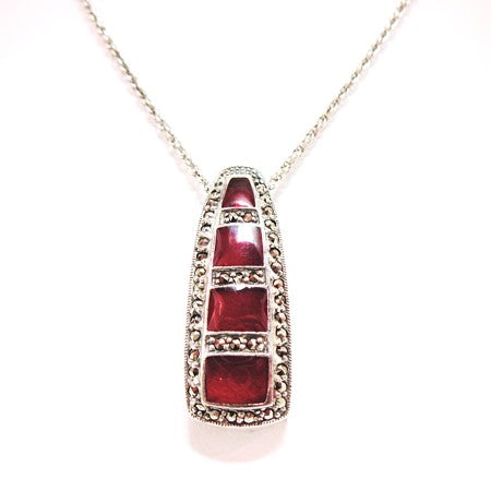 Red Enamel 4-Window Marcasite Pendant with Chain