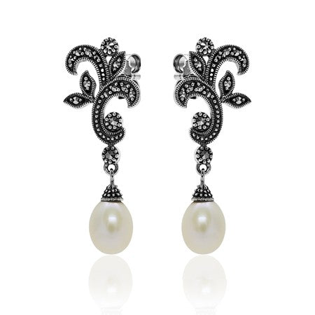 Marcasite and White Freshwater Pearl Sterling Silver Scroll Dangle Earrings - E511CFP