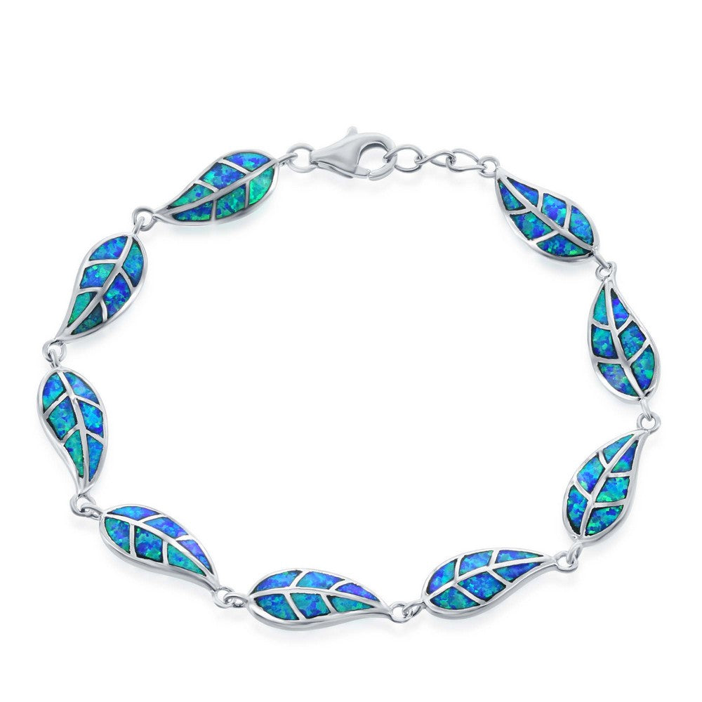 Lab-created Bue Fire Opal Inlay Leaf-Link Bracelet - Sterling Silver - T-7539