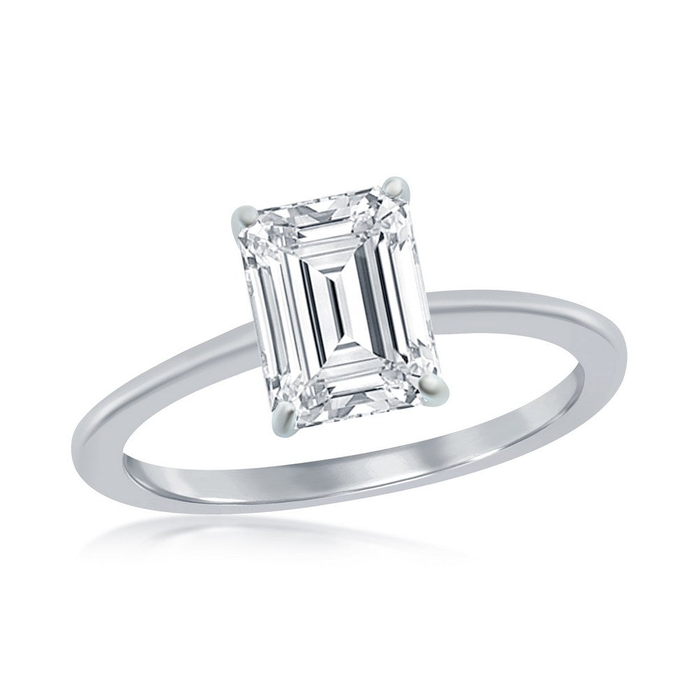 Emerald-cut Rectangle CZ Engagement Ring - Sterling Silver