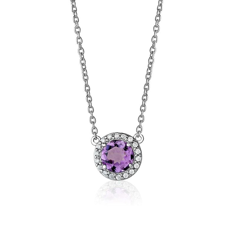 Amethyst and Cubic Zirconia Halo Necklace - Sterling Silver Pendant & Chain