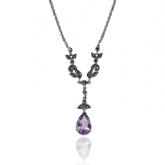 Amethyst Teardrop and Marcasite Sterling Silver Necklace - 01N546AMF