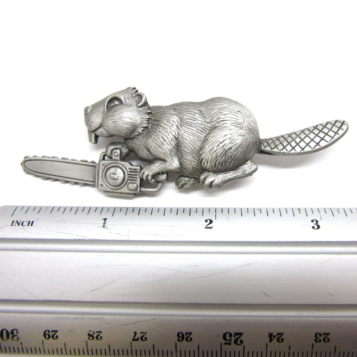 Chelsea Pewter Brooch - Beaver with a Chainsaw - Jonette Jewelry (RARE!)