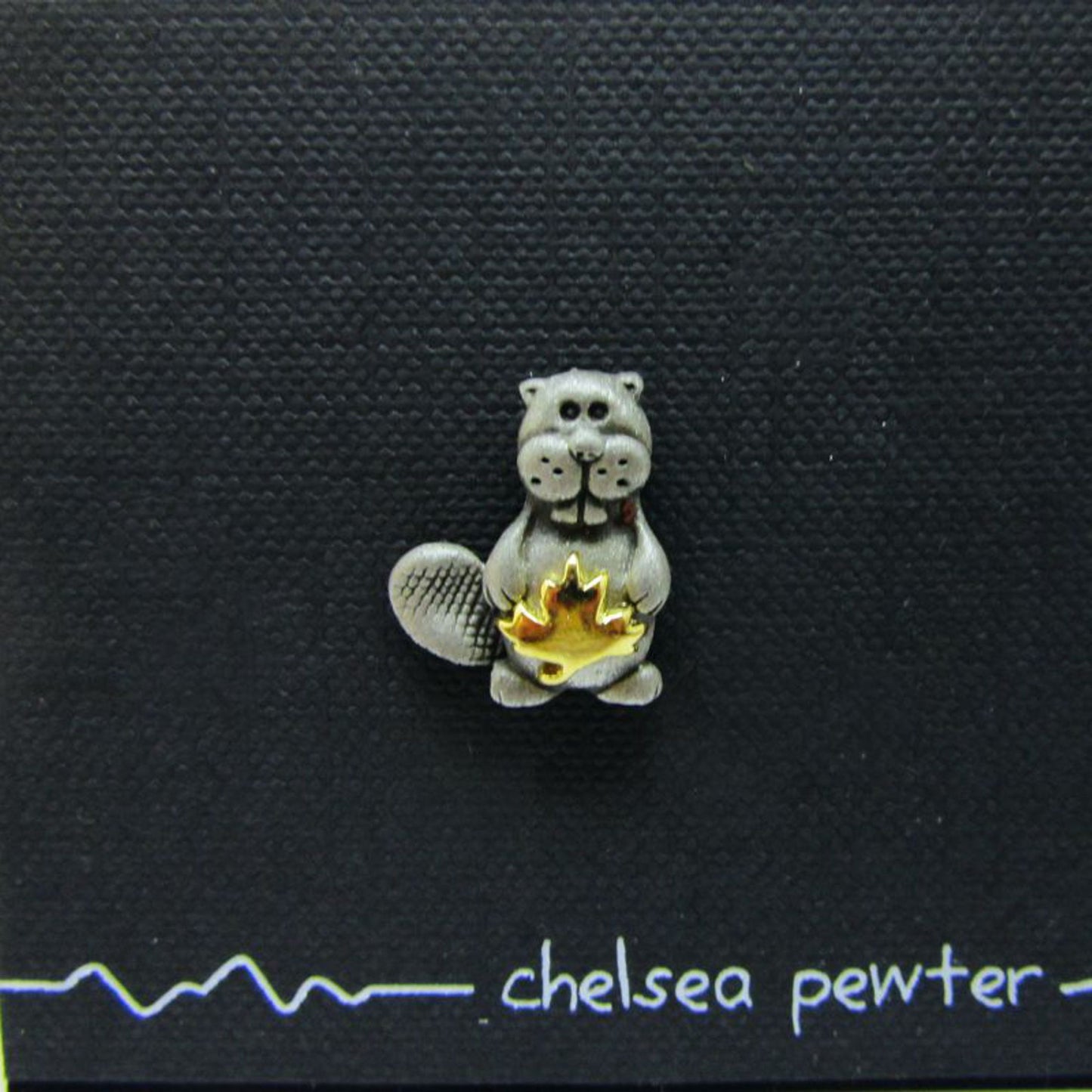 Chelsea Pewter Tac Pin - Beaver Holding a Goldplated Maple Leaf