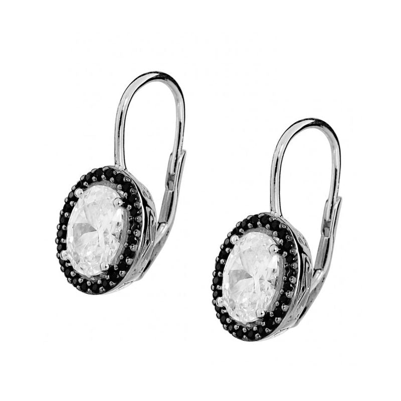 Black and Clear Cubic Zirconia Oval Leverback Earrings - AR-E44