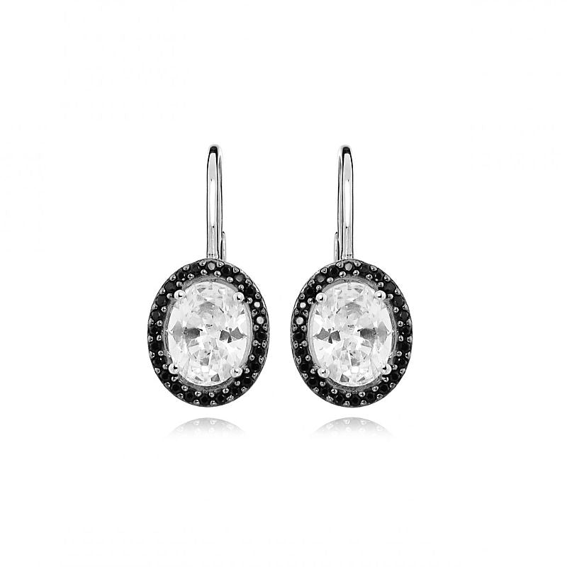 Black and Clear Cubic Zirconia Oval Leverback Earrings - AR-E44