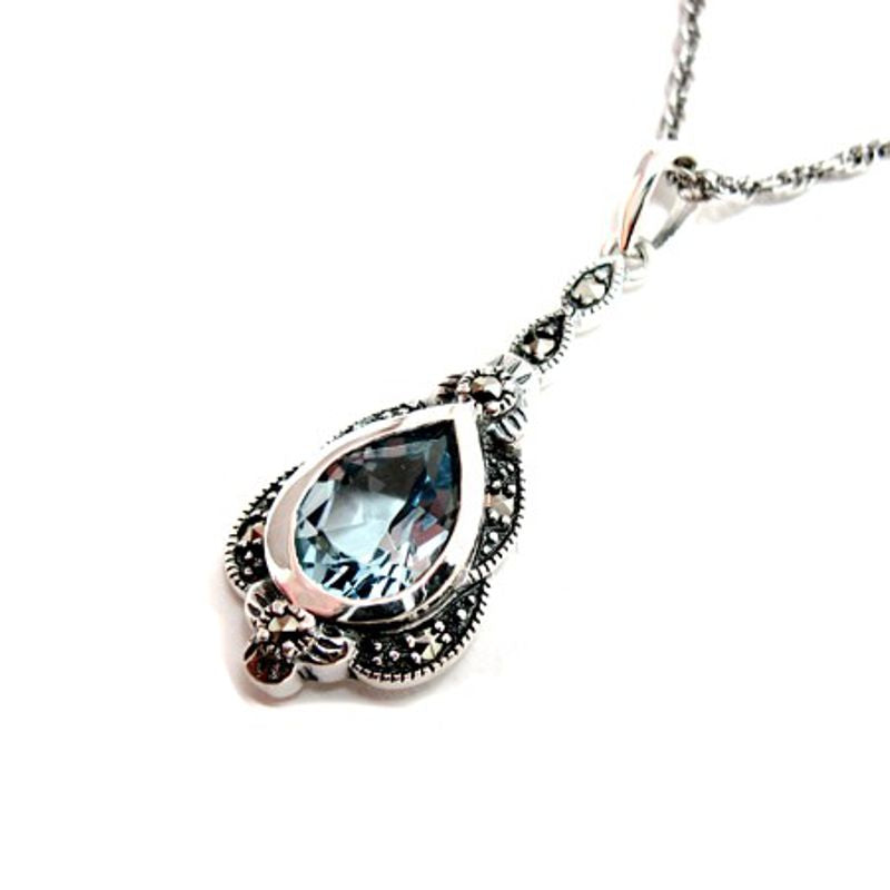 Marcasite and Teardrop Blue Topaz Pendant - Antique Design with Chain - P320BTF