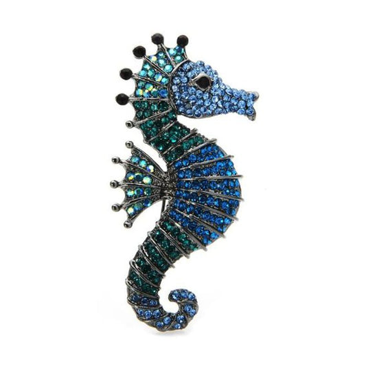 Sea Horse Brooch with Blue and Green Rhinestones