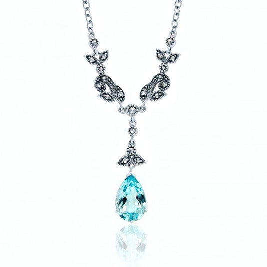 Blue Topaz Teardrop and Marcasite Sterling Silver Necklace - 01N546BTF