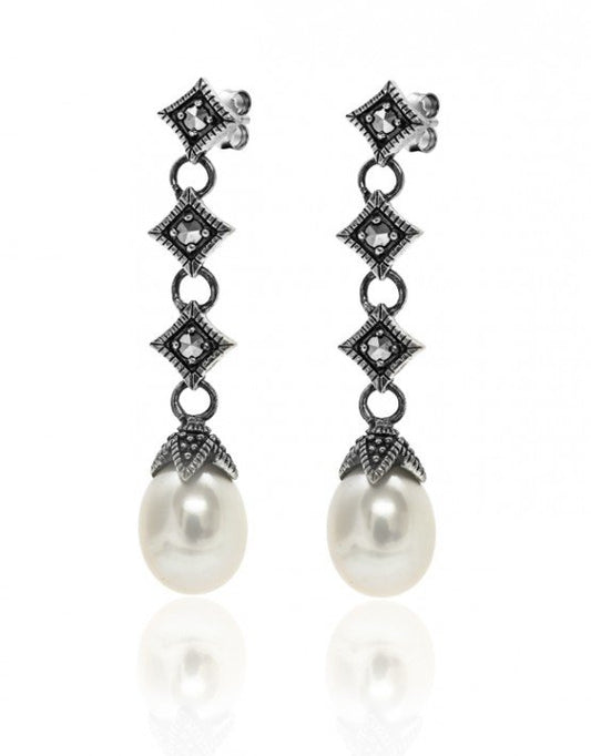 Marcasite and White Freshwater Pearl Sterling Silver Dangle Earrings - 01E287CFP