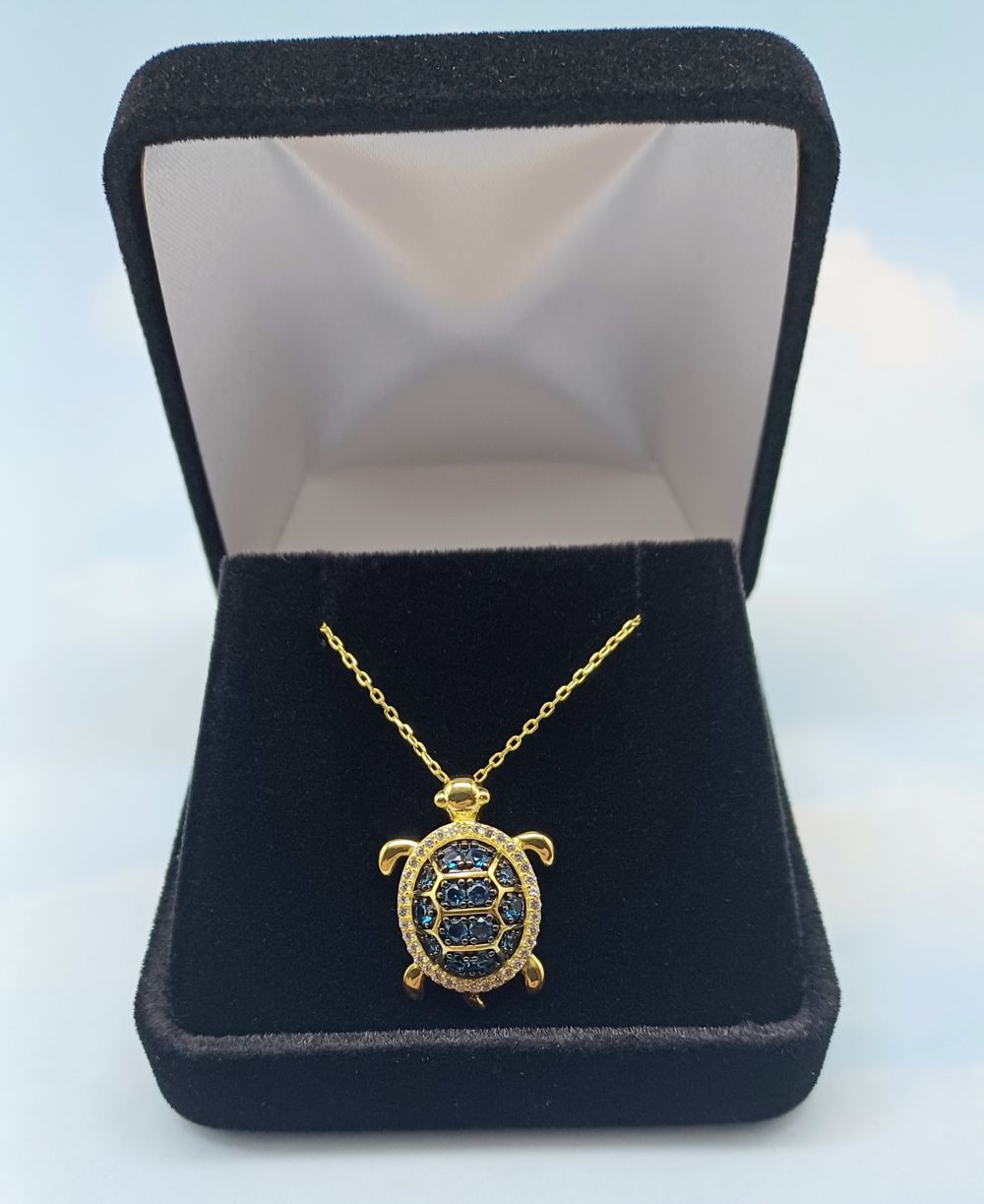 Sterling Silver Gold plated Turtle Pendant with Blue Gems