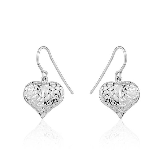 Diamond Cut Puffed Heart Dangle Earrings - Sterling silver