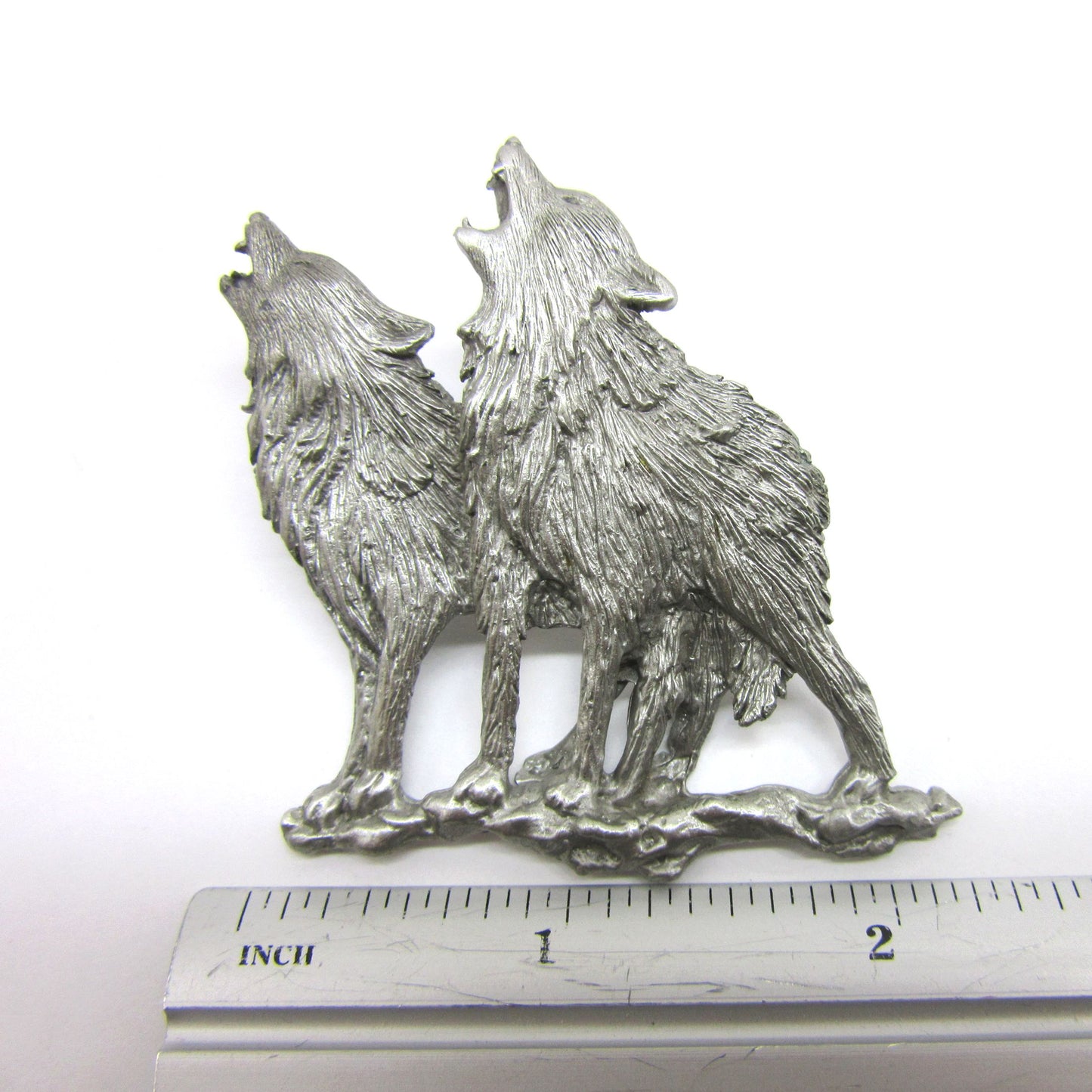 Chelsea Pewter Brooch - Two Detailed Wolves Howling at the Moon - Jonette Jewelry